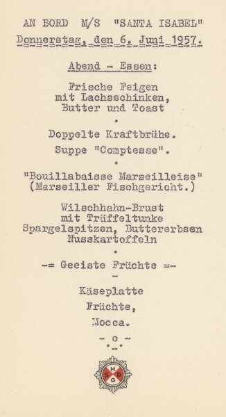 Hamburg-Südamerikanische Dampfschiffahrts-Gesellschaft - Speisekarte M/S Santa Isabel - Druckgrafik