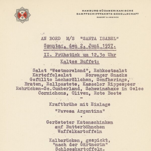 Hamburg-Südamerikanische Dampfschiffahrts-Gesellschaft - Speisekarte M/S Santa Isabel - Druckgrafik
