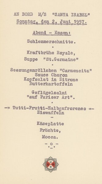 Hamburg-Südamerikanische Dampfschiffahrts-Gesellschaft - Speisekarte M/S Santa Isabel - Druckgrafik