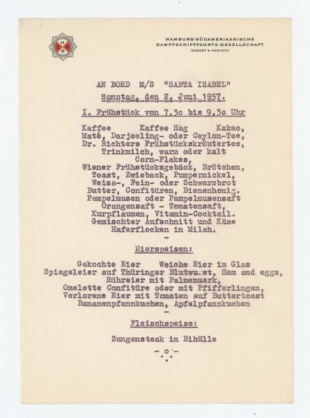 Hamburg-Südamerikanische Dampfschiffahrts-Gesellschaft - Speisekarte M/S Santa Isabel - Druckgrafik