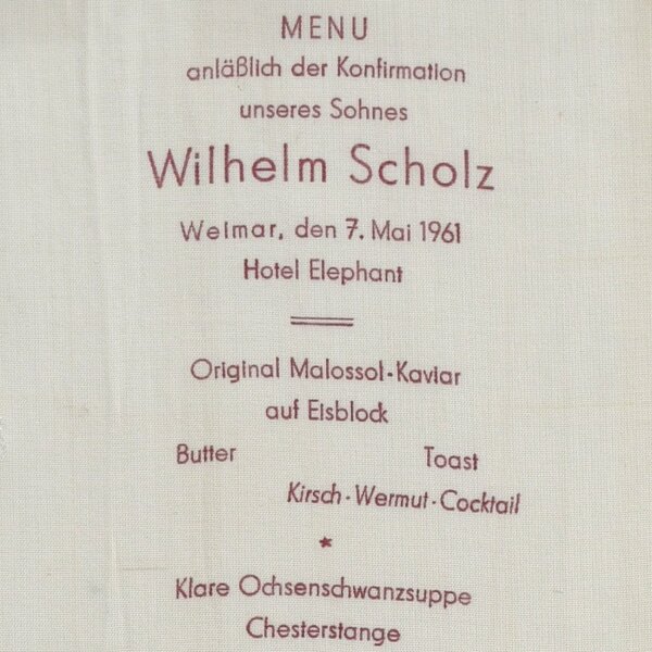 Weimar, Hotel Elephant - Menu Konfirmation Wilhelm Scholz - Textildruck