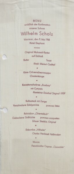 Weimar, Hotel Elephant - Menu Konfirmation Wilhelm Scholz - Textildruck