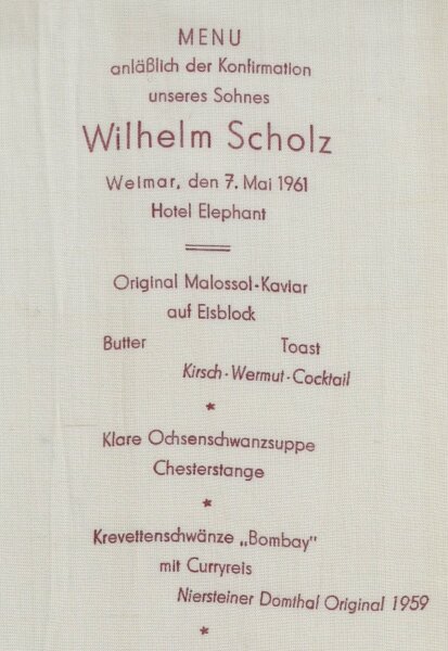 Weimar, Hotel Elephant - Menu Konfirmation Wilhelm Scholz - Textildruck
