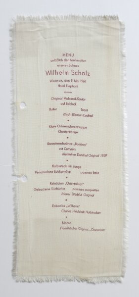Weimar, Hotel Elephant - Menu Konfirmation Wilhelm Scholz - Textildruck