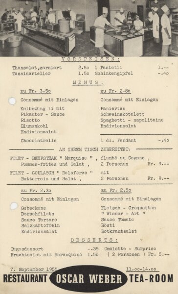 Restaurant Oscar Weber, Zürich - Menükarte - Druckgrafik