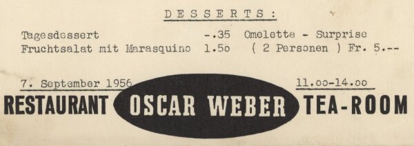 Restaurant Oscar Weber, Zürich - Menükarte - Druckgrafik
