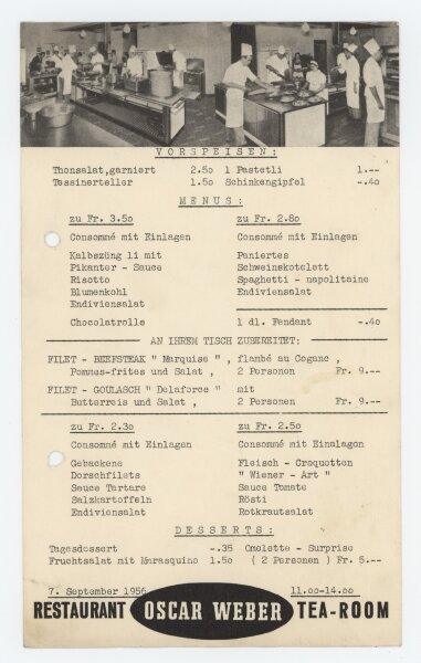 Restaurant Oscar Weber, Zürich - Menükarte - Druckgrafik