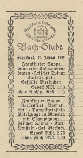 Parkhotel Erbprinz Weimar - Menükarte Bach-Stube - Druckgrafik