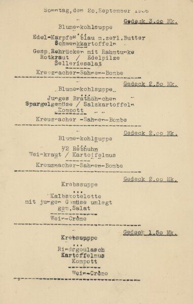 Chemnitz, Gaststätte Friedrichsburg - Speisekarte - Druckgrafik