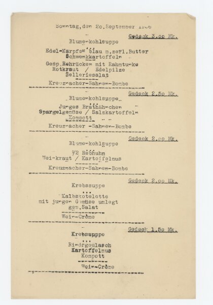 Chemnitz, Gaststätte Friedrichsburg - Speisekarte - Druckgrafik