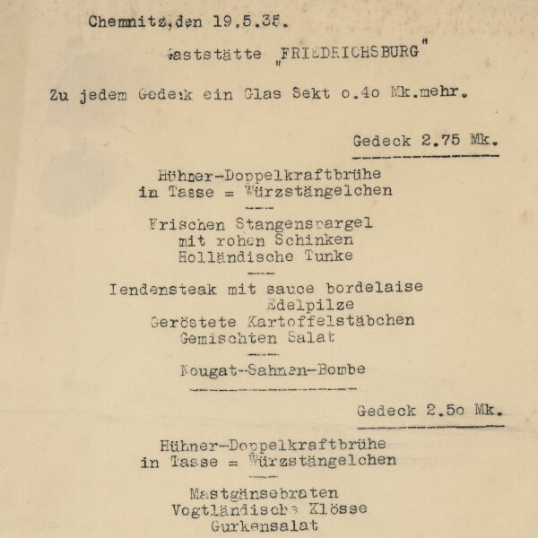 Chemnitz, Gaststätte Friedrichsburg - Speisekarte - Druckgrafik