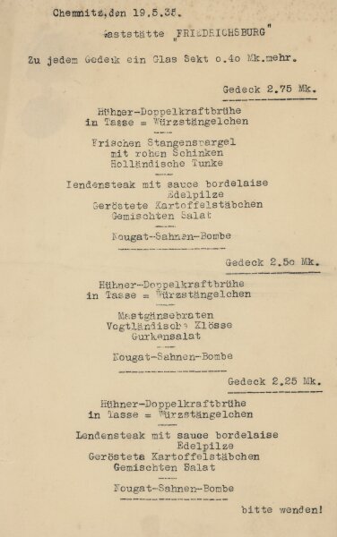 Chemnitz, Gaststätte Friedrichsburg - Speisekarte - Druckgrafik