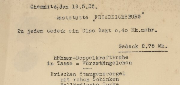 Chemnitz, Gaststätte Friedrichsburg - Speisekarte - Druckgrafik