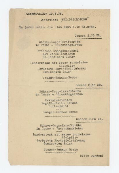 Chemnitz, Gaststätte Friedrichsburg - Speisekarte - Druckgrafik