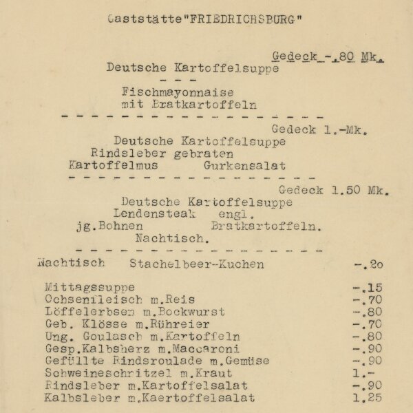Chemnitz, Gaststätte Friedrichsburg - Speisekarte - Druckgrafik