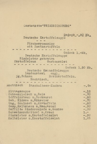 Chemnitz, Gaststätte Friedrichsburg - Speisekarte - Druckgrafik