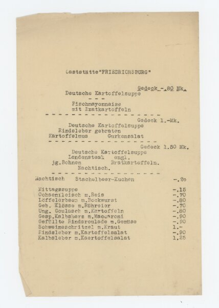 Chemnitz, Gaststätte Friedrichsburg - Speisekarte - Druckgrafik