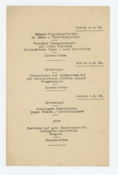 Chemnitz, Gaststätte Friedrichsburg - Speisekarte - Druckgrafik