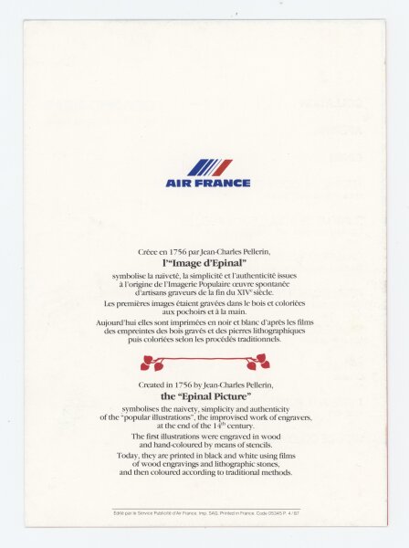 Air France - Menükarte Paris-Chicago - Druckgrafik