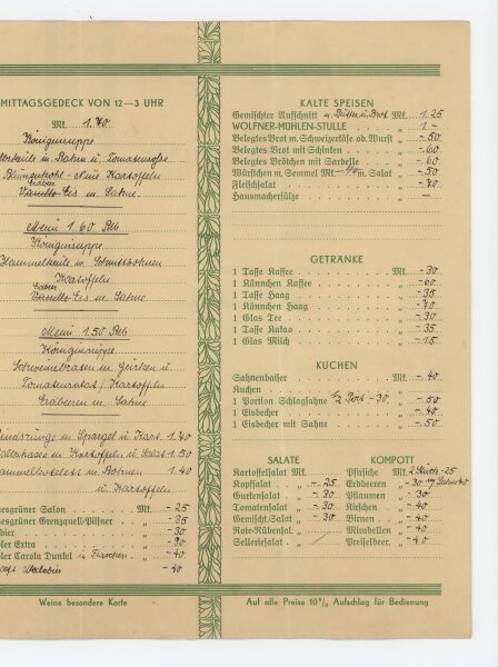Wolfener Mühle - Speisen-Karte - Druckgrafik