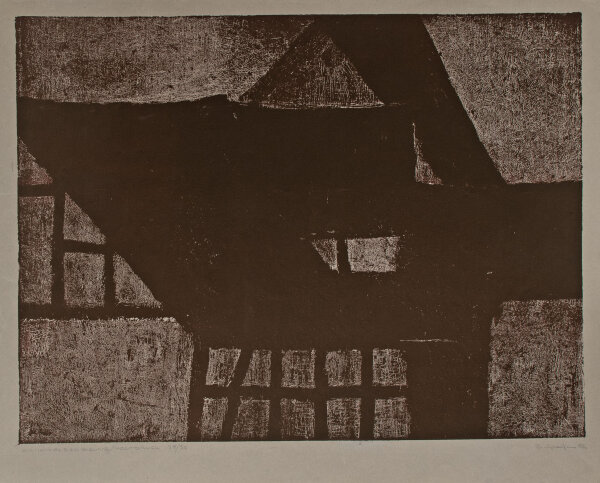 Bernhard Spahn - Fachwerkhäuser - Radierung als Hochdruck - 1962