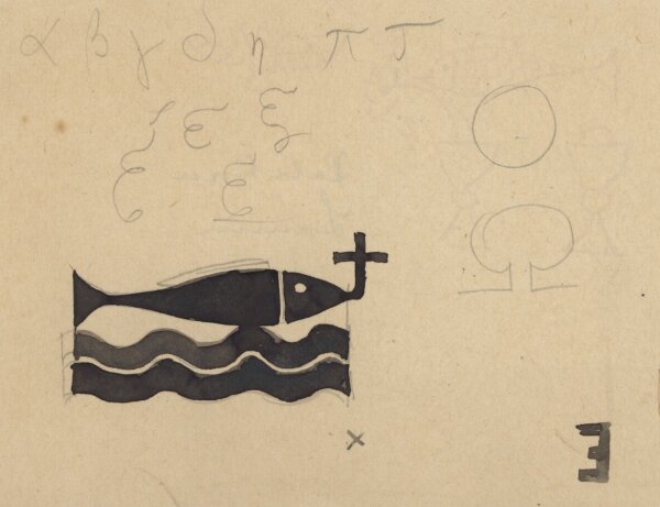 unbekannt - Fisch und Kreuz - Aquarell - Anfang 20. Jhd