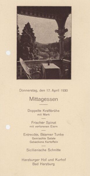 Harzburger Hof und Kurhof - Menükarte - Offsetdruck - 17.4.1930