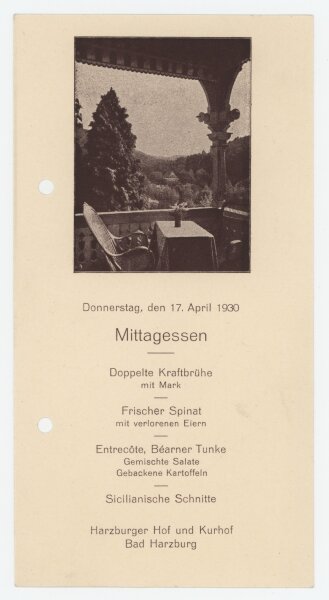 Harzburger Hof und Kurhof - Menükarte - Offsetdruck - 17.4.1930
