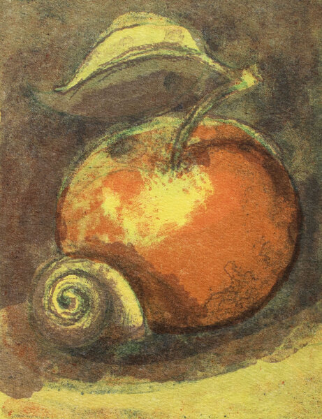 Unbekannt - Apfel und Schneckenhaus - Farbalgraphie - 2017