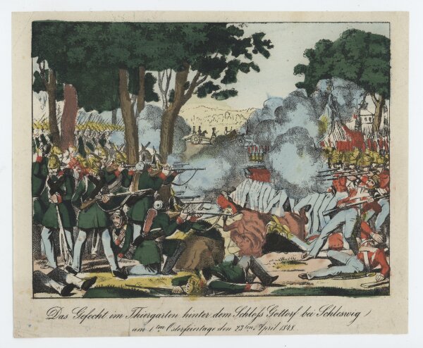 Unbekannt - Das Gefecht im Thiergarten hinter dem Schloss Gottorf bei Schleswig - Handkolorierte Lithografie - um 1850
