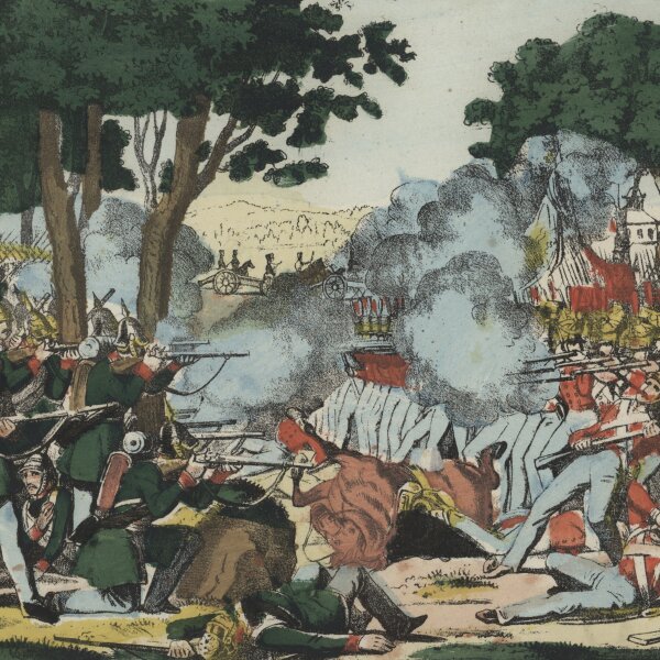 Unbekannt - Das Gefecht im Thiergarten hinter dem Schloss Gottorf bei Schleswig - Handkolorierte Lithografie - um 1850