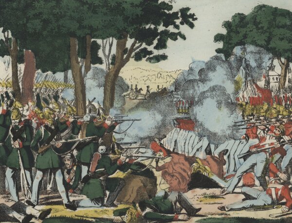 Unbekannt - Das Gefecht im Thiergarten hinter dem Schloss Gottorf bei Schleswig - Handkolorierte Lithografie - um 1850