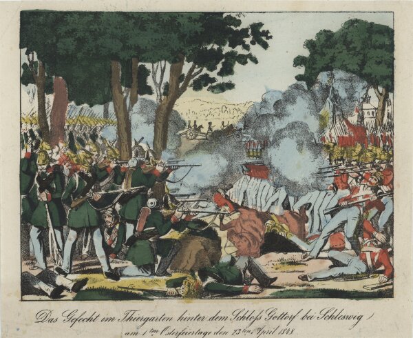 Unbekannt - Das Gefecht im Thiergarten hinter dem Schloss Gottorf bei Schleswig - Handkolorierte Lithografie - um 1850