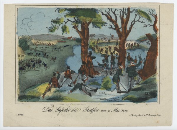 Unbekannt - Das Gefecht bei Gudfoe - Handkolorierte Lithografie - um 1850