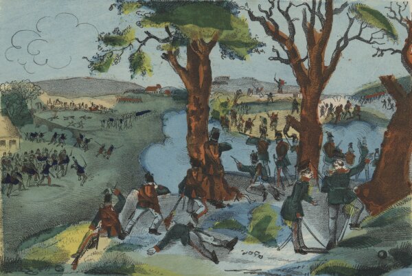 Unbekannt - Das Gefecht bei Gudfoe - Handkolorierte Lithografie - um 1850