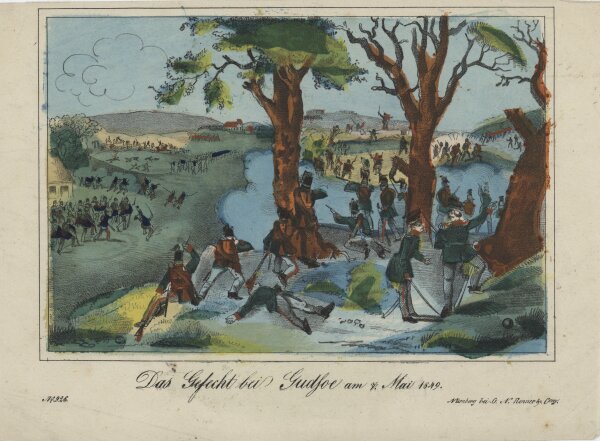 Unbekannt - Das Gefecht bei Gudfoe - Handkolorierte Lithografie - um 1850