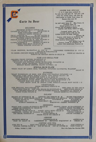 Unbekannt - Carte du Jour - Offsetdruck - 4.10.1929