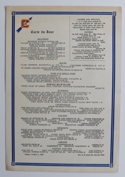 Unbekannt - Carte du Jour - Offsetdruck - 4.10.1929