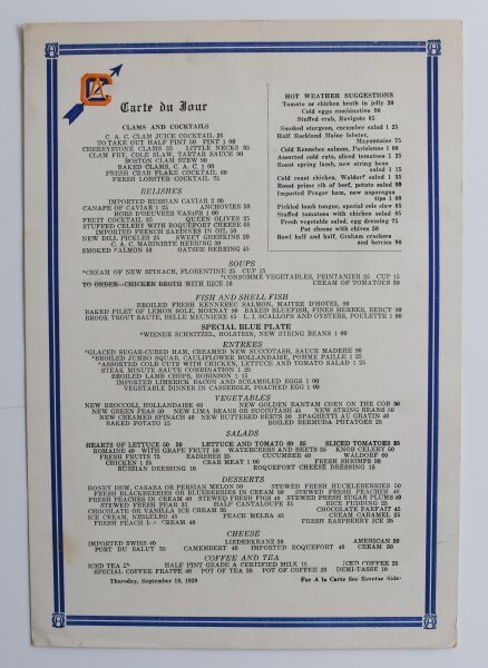 Unbekannt - Carte du Jour - Offsetdruck - 19.9.1929