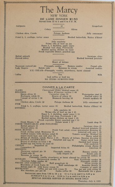 The Marcy New York - Menükarte De Luxe Dinner - Offsetdruck - 4.7.1929