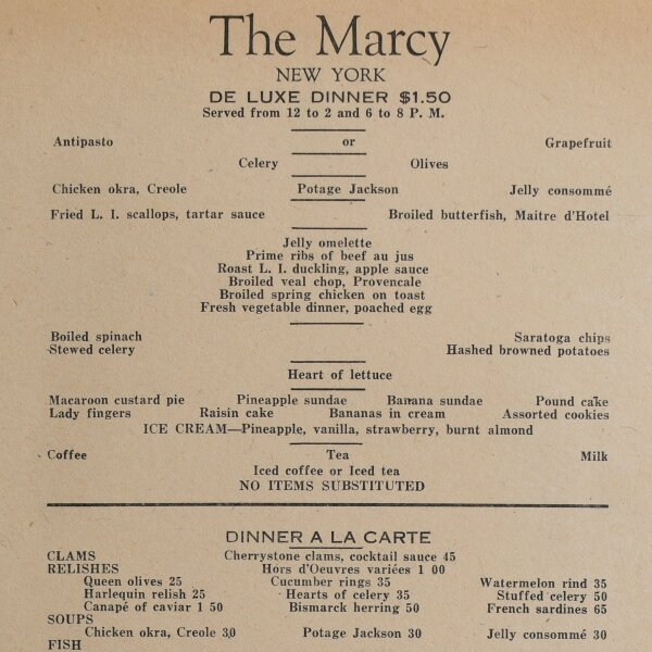 The Marcy New York - Menükarte De Luxe Dinner - Offsetdruck - 4.7.1929