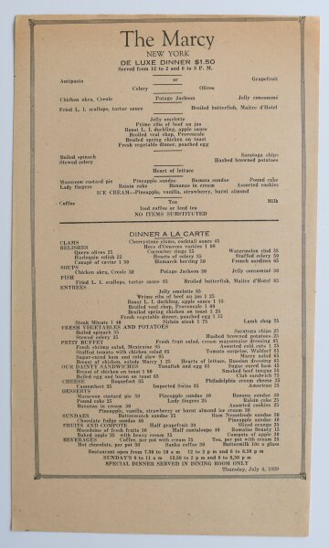 The Marcy New York - Menükarte De Luxe Dinner - Offsetdruck - 4.7.1929