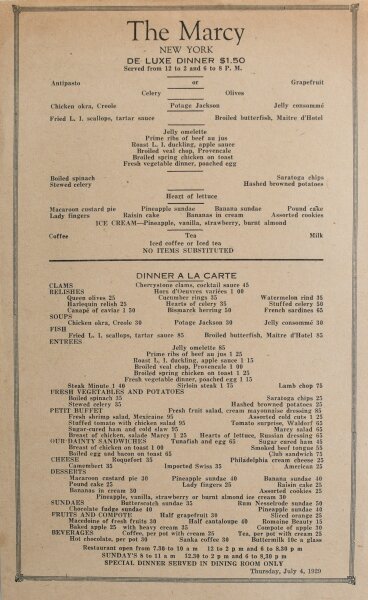 The Marcy New York - Menükarte De Luxe Dinner - Offsetdruck - 4.7.1929