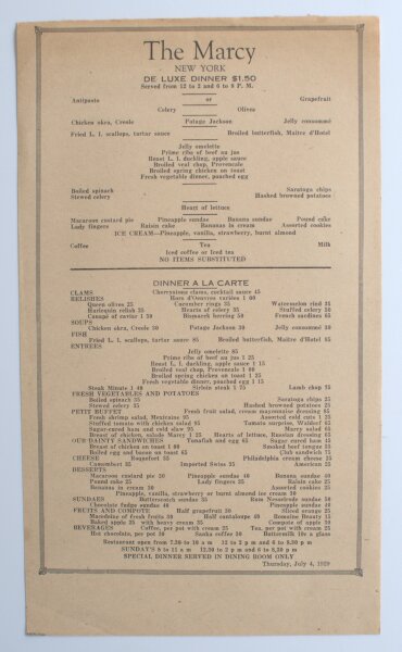 The Marcy New York - Menükarte De Luxe Dinner - Offsetdruck - 4.7.1929