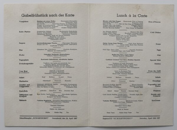 Norddeutscher Lloyd Bremen - Menükarte - Offsetdruck - 24.4.1937