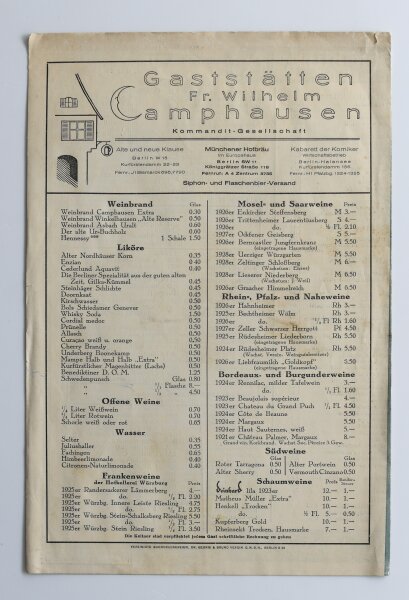 Münchener Hofbräu Berlin - Speisen-Karte - Offsetdruck - 23.6.1930