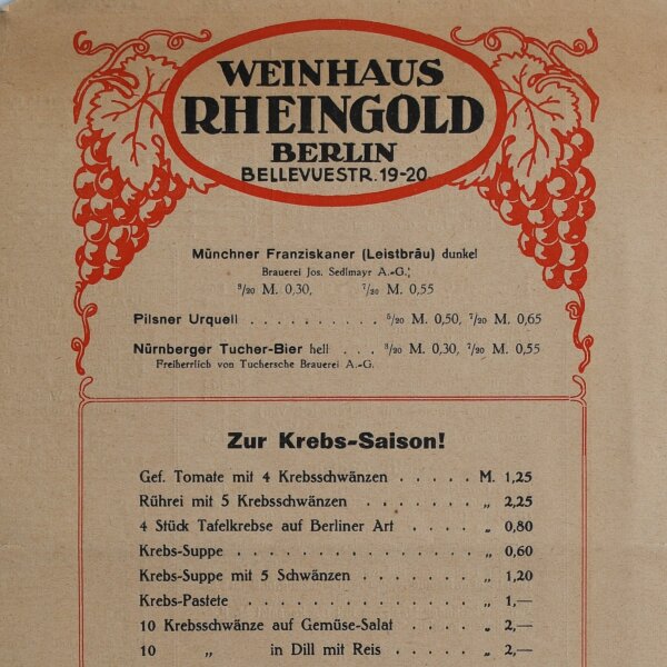 Weinhaus Rheingold Berlin - Menükarte - Offsetdruck - 23.6.1930