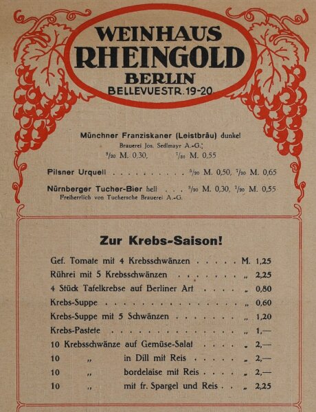 Weinhaus Rheingold Berlin - Menükarte - Offsetdruck - 23.6.1930