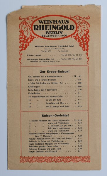 Weinhaus Rheingold Berlin - Menükarte - Offsetdruck - 23.6.1930