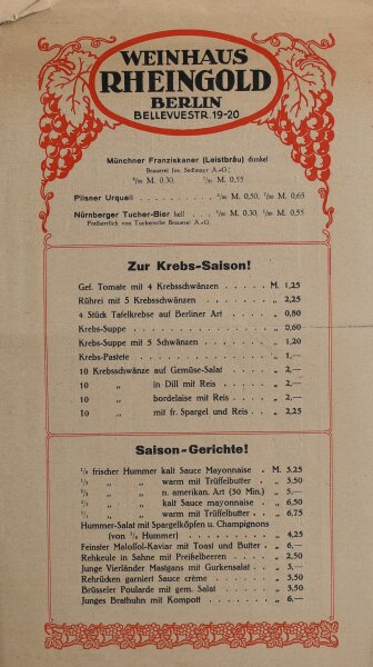 Weinhaus Rheingold Berlin - Menükarte - Offsetdruck - 23.6.1930